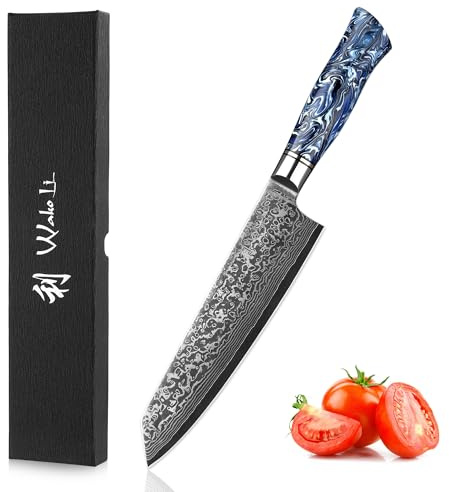 Wakoli Kiritsuke Damastmesser 20 cm Klinge, 67 Lagen Damaststahl, VG10-Kern | Epoxidharzgriff, beidseitiger V-Schliff und Kiritsuke-Spitze für präzise Druck- und Zugschnitte bei Fleisch, Fisch und Gemüse