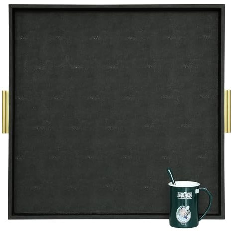 HofferRuffer Extra Large Square Serving Tray, Elegant Faux Leather Ottoman Tray with Gold Hardware Handles, Serve Tea, Coffee or Breakfast in Bed, 24 x 24 inches (Black Shagreen)