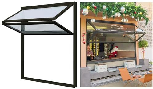WUIIEN Schuppenfenster, schwarzes Konzessionsfenster aus Aluminiumlegierung, flächenbündig montierte Servierfenstertür für Konzessionsstände, Faltbare Doppelfenster für Verkaufsautomaten für Geschä