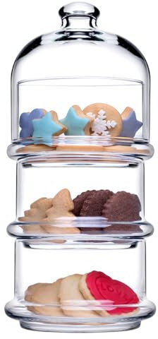 Queensway Home & Dining 3-Tier Glass Cookie Jar with Dome Lid - Elegant Stackable Display for Cupcakes, Sweets, Nuts and Treats - Durable Clear Glass Container - Space-Saving Design, 26cm Tall