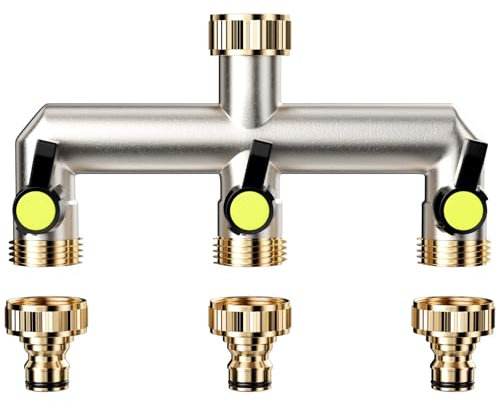 Maxentico Wasserverteiler(Messing), Wasseranschluss 3/4 Zoll Wasser Verteiler, Wasserhahn Messinganschluss, 3 Wege Mit Kugelhahn Zum Einstellen und Absperren des Wasserflusses, für Gartenschläuche