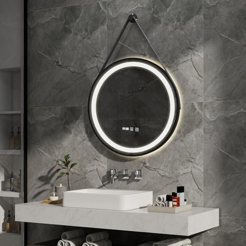 YOURLITE Badspiegel mit Beleuchtung Rund 60cm, Badezimmerspiegel mit 3 Lichtfarben Dimmbar, LED Spiegel mit Touch-Schalter, Abnehmbar Band, Antibeschlag, Speicherfunktion, IP44, Schwarz