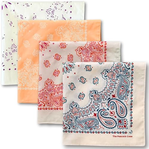 The Peacock Crew Pack of 4 Boho Chic Bandanas in Premium Soft Cotton Paisley Print - The Bohemians