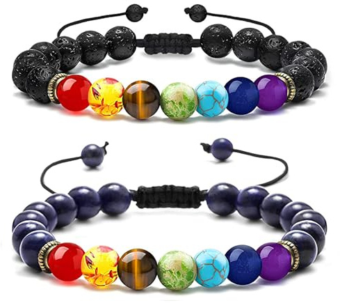 Yhuasia 2 Stück Chakren Lava Armbänder, 7 Chakren Steinperlen Armbänder, Geflochtene Heilende Chakra Armbänder für Männer und Frauen, Yoga Meditation Geburtstagsgeschenk