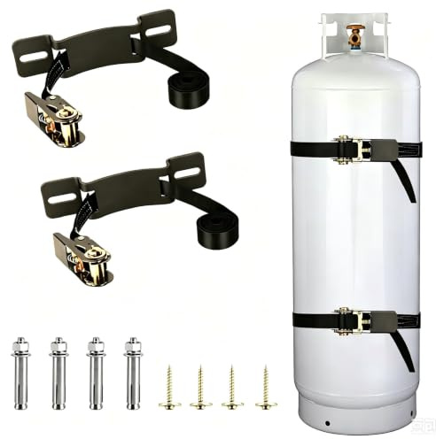 Propane Tank Holder ，Cylinder Wall Mounted Brackets, Ratchet Straps（6.6ft ）, Steel Gas Cylinder Holder, Heavy Duty Gas Cylinder Holder Wall-Mounted Bracket。 (Black 2)