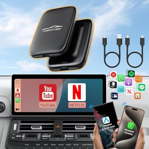 2024 Wireless CarPlay Adapter & Android Auto Adapter Support YouTube Netflix TF Card Screen Mirroring, Apple Car Play Dongle with USB-A and USB-C Cables, Magic Box Wried to Wireless Stream to Your Car