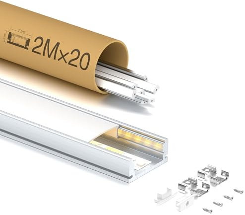 GEEKLUX 20 x Profilé LED 2 m (40 m), Compatible avec Rubans LED jusqu'à 12 mm de Largeur, Profilés en Aluminium, Diffuseur LED en PC, Clip, Embouts et Vis, Installation au Plafond et Encastrée
