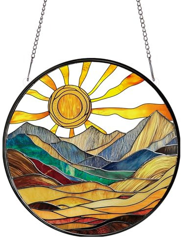 PLIGREAT Sonne Berge Buntglas Sonnenfänger, Boho Sonnenfänger Terrasse Garten Hängende Ornamente für Wohnzimmer Schlafzimmer Fenster Dekoration Glasscheibe Wandkunst Dekor Gedenkgeschenk