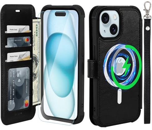 VANAVAGY Compatible for iPhone 15 Plus/14 Plus Wallet Case for Magsafe Wireless Charging,Leather Flip Wrist [Glass Screen Protectors and Camera Lens Protectors]with RFID Blocking Card Holder,Black