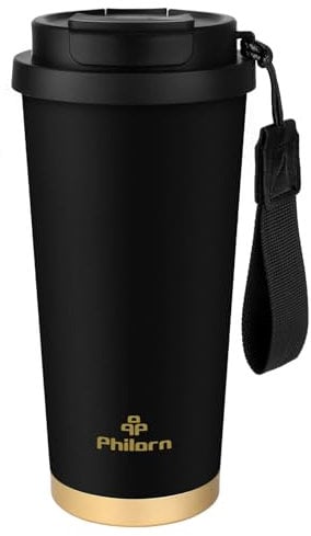 Philorn Coffee Cup Travel Mug, 500ml Insulated Coffee Cup with Lid & Double Wall, Leak Proof Coffee Travel Mug for Hot & Cold Drinks - Reusable Stainless Steel Cup (Black)