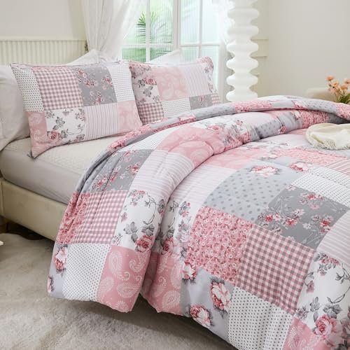 Herside Flower Plaid Duvet Cover Set Double Size Rose Floral Paisley Printed Pink Gray Grid Duvet Cover Farmhouse Bedding Cover 200x200cm 3PCS All Season with Zipper Closure