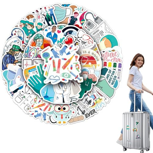 Adesivi a tema medico - decalcomanie mediche resistenti, etichette in vinile impermeabili | Foglio adesivo 50pcs 50pcs con superficie resistente alle intemperie, arredamento dei cartoni animati creati