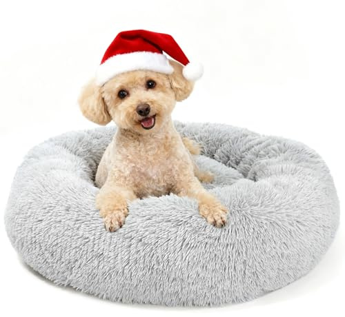 MDDK DY Donut-Hundebett, 60 cm, maschinenwaschbar, rutschfest, Plüsch-Katzenbett für Indoor-Katzen, tief gefüllte, orthopädische Unterstützung, Grau