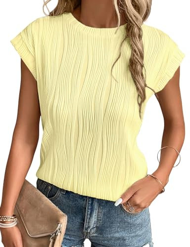 Gemulate Short Sleeve Blouses Casual Round Neck tee Shirts for Women Ladies Solid Spring Summer Slim fitt Tunic Tops Light Yellow XL