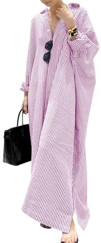 chouyatou Robe longue décontractée à manches longues boutonnée en coton rayé pour femme, violet, Taille 3XL