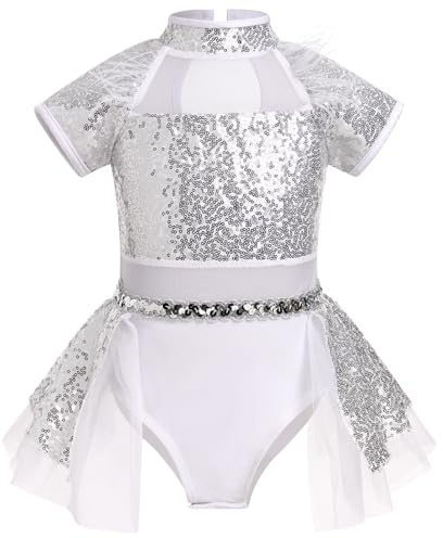 FYMNSI Mädchen Pailletten Turnanzug Kurzarm Gymnastikanzug Eiskunstlauf Ballettanzug Kinder Ballett Trikot Tanz Body Einteiler Leotard Sportbody Karneval Fasching Cosplay Tanzkostüm Silber 11-12 Jahre