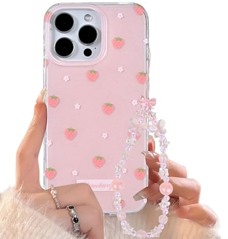 Reownest for iPhone 15 Pro Case with Cute Bling Pink Strawberry Flower Pattern Aesthetic Floral Girly Cover, Soft TPU Bumper Protective Phone Cases for Women Girls + Beaded Bow Chain
