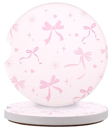 2pcs Pink Bow Car Coasters, Cute Pink Cup Holder Absorbent Cork Base Ceramic Coasters with Finger Notch Stylish Car Insert Accessories Interior Essentials Decor Decorations for Women Girly