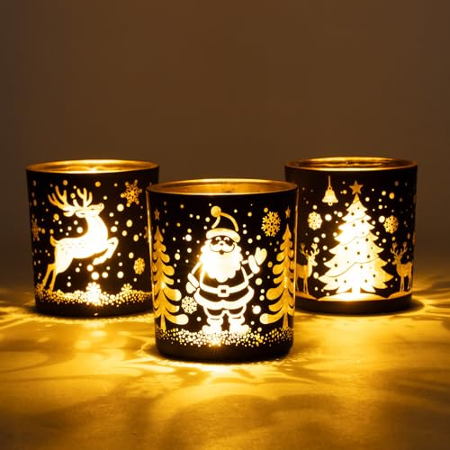 Romcanmy Teelichthalter Weihnachten, 3er Set Schwarz Gold Windlicht Glas für Tischdeko Weihnachten, Kerzenhalter Glas mit Weihnachtsmann Rentier Schneeflocke für Party Wohnzimmer Kamin Dekoration