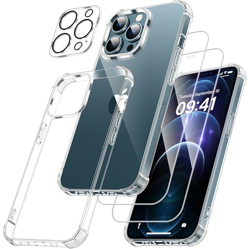 FLLAO iPhone 12 Pro Case with 2X Screen Protector + 1 Lens Protector, Clear | Anti-Scratch Shockproof Bumper Case, Slim Anti-Yellowing iphone 12 Pro Cover