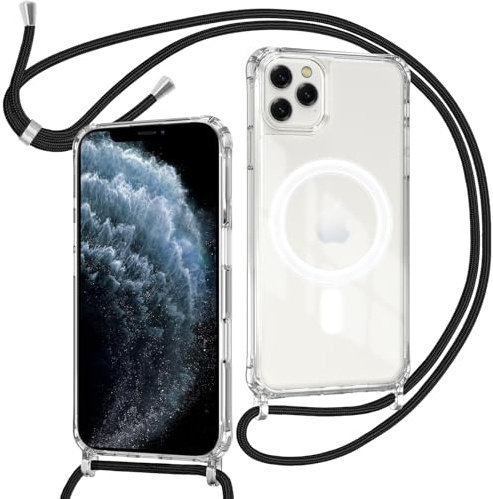 ZYIMOU für iPhone 11 Pro Hülle mit Band Kompatibel mit MagSafe, Transparent Magnetische Handyhülle mit Kordel zum Umhängen Handyband Stossfest Schutzhülle，Kette Schwarz