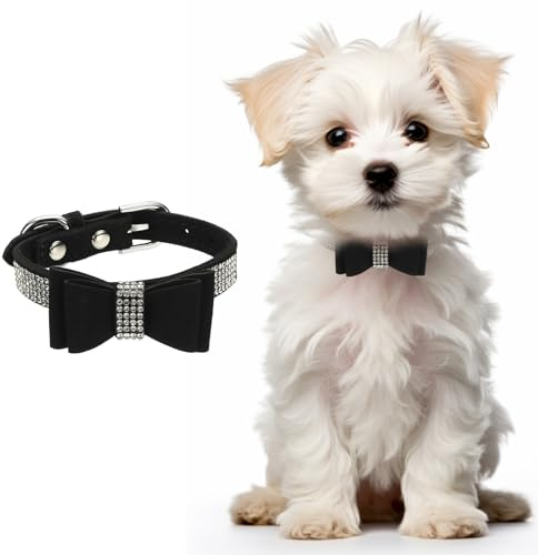 QUARKZMAN Niedliches Hundehalsband Mit Glitzer Rhinestones Glitzer Hundehalsband Verstellbares Leder Diamant Funkelnder Schmuck Accessoires 12 Schwarz Geeignet Für Teacup/Katze