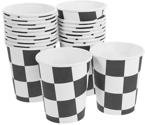 FRCOLOR Lot de 20 Gobelets en Papier Jetable 250 Ml à Carreaux Noir et Blanc pour Fête Thème Course Automobile, pour Anniversaire, Mariage et Événements en Plein Air
