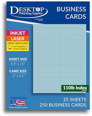 Farbige Visitenkarten – 25 Blatt / 250 Visitenkarten – Inkjet & Laser – 10 pro Blatt (einfarbig) Blau