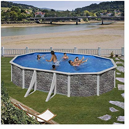 Gre KIT500PO – Pool, oval, 4 seitliche Verstärkungen, Steindekoration, Blaue Folie 30/100, Maße: 500 x 300 x 120 cm