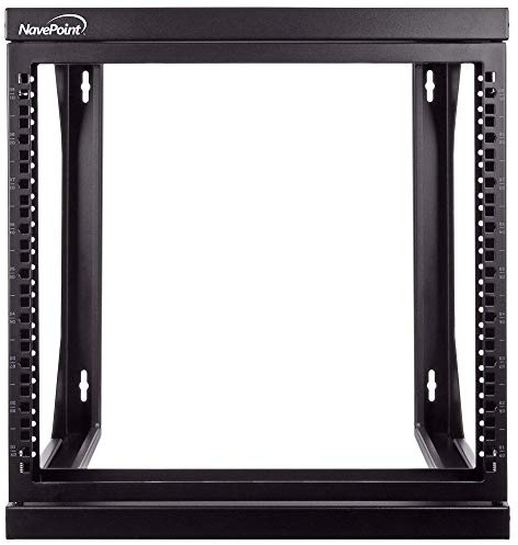 NavePoint Server rack 9U a telaio aperto per apparecchiature di rete IT da 19 e dispositivi A/V, autoportante o montaggio a parete, con cancello girevole a 180 gradi, nero