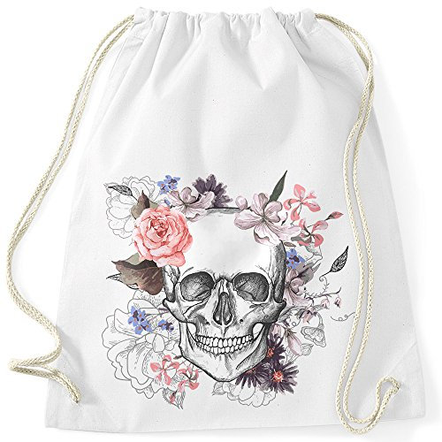 Autiga Turnbeutel Totenkopf Blumen Flower Skull Boho Schädel Gymsac Baumwolle weiß Unisize