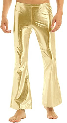 dPois Herren Wetlook Schlaghose Vintage 70er Retro Hose Glocken Hose Männer Lederhose Glänzende Tanz Latin Hose Pants Leggings Party Tanz Clubwear Gold XL
