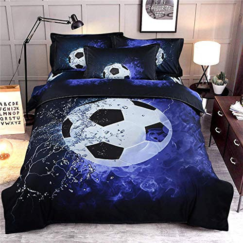 3D Printed Football Sport Bedding Set with 1 Pillowcase,Blue Flame and Ice soccer Duvet Cover with Zipper Closure,Soft Microfiber Quilt Cover Single135 x 200cm