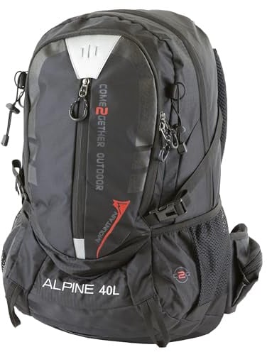 NOWI Trekkingrucksack praktischer moderner Outdoor Rucksack mit Regenhaube Brustgurt gepolsterte Schultergurte Schlaufen für Hiking Pole 40 Liter Volumen (Black)