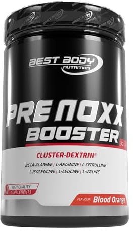 Best Body Nutrition Pre Noxx Booster 600g Blood Orange – Veganer Pre Workout Booster ohne Koffein – Mit 25% Cluster-Dextrin, BCAA, Beta-Alanin, L-Citrullin – Für Training am Abend – 30 Portionen