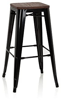 hjh OFFICE 645043 Barhocker VANTAGGIO HIGH W Metall/Holz Schwarz Hocker hoch im Industry-Design mit Holz-Sitzfläche, stapelbar