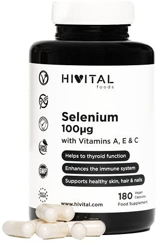 Sélénium 100 mcg. 180 gélules végétaliennes pour 6 mois de traitement. L-Sélénométhionine active hautement biodisponible avec vitamines A, E et C. Sans levure. Fabriqué en Europe par HIVITAL