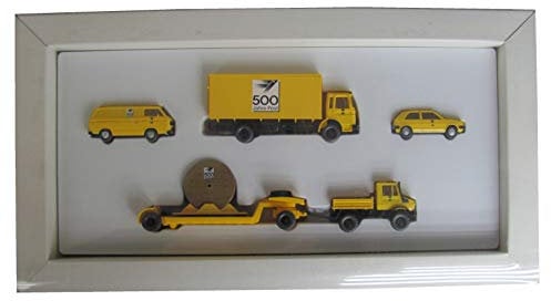 DBP Deutsche Bundespost - 500 Jahre - 4er Set - Unimog mit Hänger & Kabelrolle, Man LKW, Kleintransporter Bus & Pkw - von Wiking