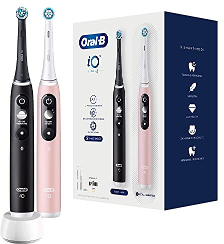 Oral-B iO Series 6 Elektrische Zahnbürste/Electric Toothbrush, Doppelpack mit 2 Aufsteckbürsten, 5 Putzmodi für Zahnpflege, Magnet-Technologie, Display, Geschenk für Sie/Ihn, black lava/pink sand