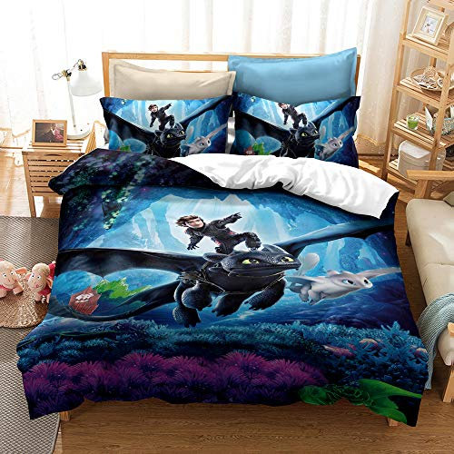 CHAOSE-DEB Doppel-Bettbezug-Set Drachenzähmen-Mikrofaser-Bettwäsche-Set Atmungsaktiver Bettbezug Mit Reißverschluss Und 2 Kissenbezügen (Drache 05,135 x 200 cm)