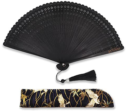 SENJLIE - Abanico de mano plegable, diseño vintage chino/japonés, decoración oriental de pared, abanicos plegables de mano con una bolsa (negro)