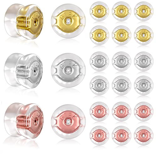 Lot de 24 fermoirs de boucles d'oreilles en silicone - Or 18 carats - Verrouillage sécurisé - Pour clous d'oreilles tombants - Hameçons lourds, hypoallergéniques et confortables - Pour adultes et