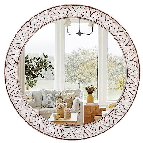 fuxuiwy 61 cm runder Spiegel Bauernhaus Holzrahmen Kreisspiegel Rustikaler dekorativer Wandspiegel im Used-Look für Badezimmer, Schlafzimmer, Wohnzimmer, Eingang, Kamin, Flur