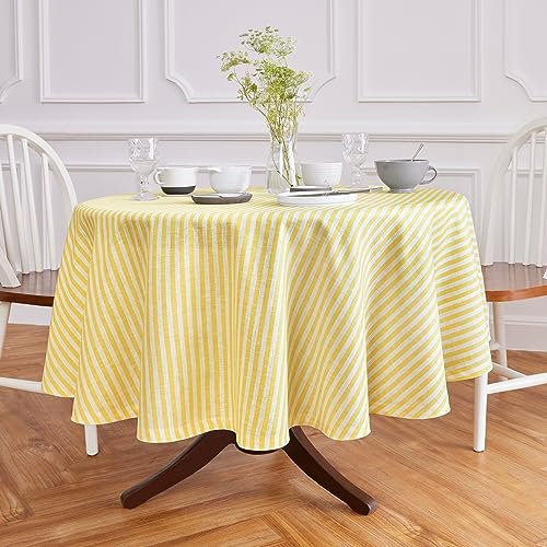 Solino Home Leinen Runde Tischdecke 60 Zoll - 100% Reines Leinen Primrose Gelb und Weiß Tischdecke für Frühling, Sommer, Muttertag, Outdoor - Amalfi Streifen, handgefertigt und maschinenwaschbar