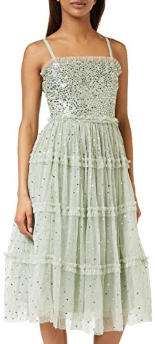 Maya Deluxe Womens Midi Dress Ladies Sequin Embellished Sleeveless Ruffle Dress for Wedding Guest Bridesmaid Prom Evening Occasion Green Lily Size 14 UK