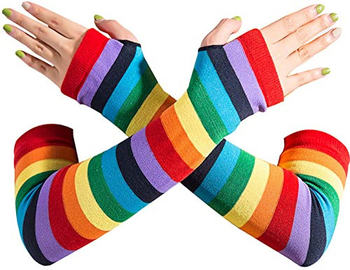COSFAN Regenbogen Streifen Handschuhe,Frauen lange Armstulpen,Fingerlose Handschuhe für Cosplay,Punk Gothic Handschuhe für Halloween Tanz Party