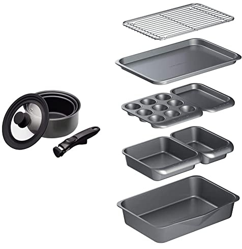 MasterClass Smart Space Saucepans, Non-Stick Saucepans for All Hobs, 5-Piece Set, Grey & Smart Space Stacking Non-Stick Bakeware Set, 7 Piece Baking Trays, Gift Boxed