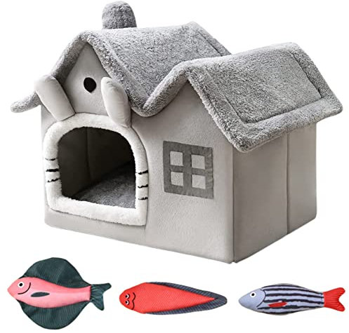 Bequemes und gemütliches Katzenbett Haus – perfekt für Indoor-Katzen – Katzenbett Höhle mit Peekaboo Design – viele (groß, grau)