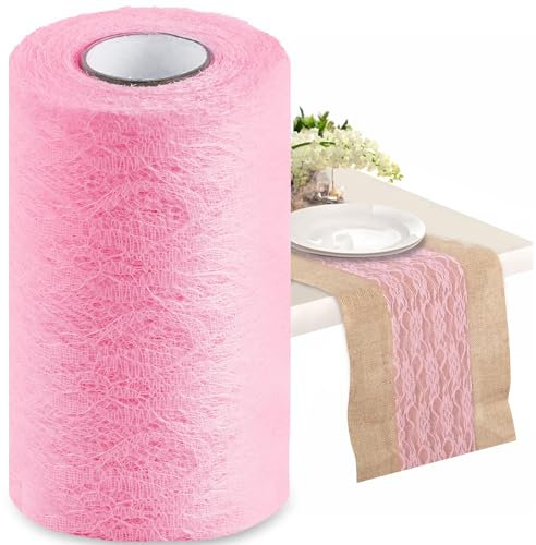 Tischläufer Spitze - Rosa Tischläufer mit zarter Spitze 15CMx20M - Dekoband für Vintage Hochzeit, Kommunion und Konfirmation – Schmaler Tischläufer rosa, Festliche Dekoration für besondere Anlässe