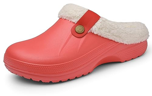 Meik Mangni Clogs Gefüttert Damen Herren Winter Gartenclogs mit Fell Warm Hausschuhe Frauen Geschlossen Pantoffeln rutschfeste Plüsch Pantoletten,Rot Gr.43-44 EU